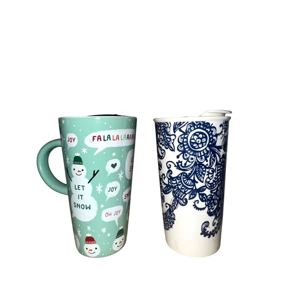 Set Of 2 Holiday Ceramic Travel Mugs With Lids Snowman & Floral Designs 16 Oz - Picture 1 of 7